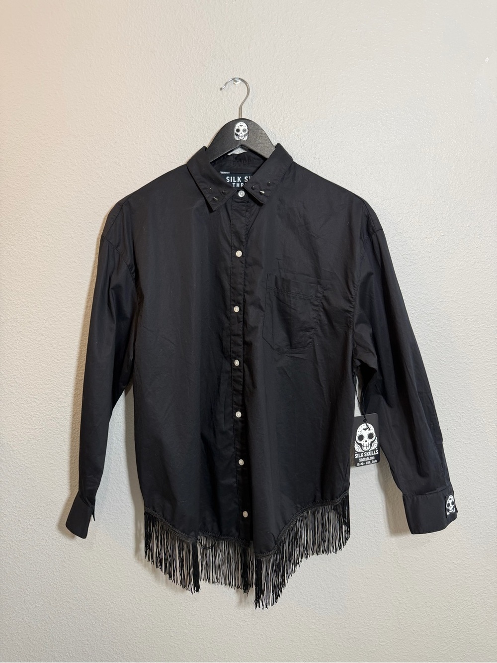 Silk Skulls Black Studded Collar Fringe Hem Button down Cropped Back Shirt